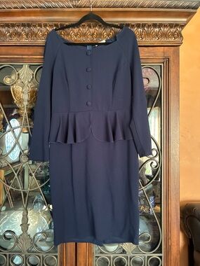 Elegant Navy Peplum Midi Dress - Classic Sophistication